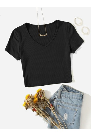 V Yaka Siyah Renk Fitilli Kısa Kollu Regular Crop Top Bluz Siyah