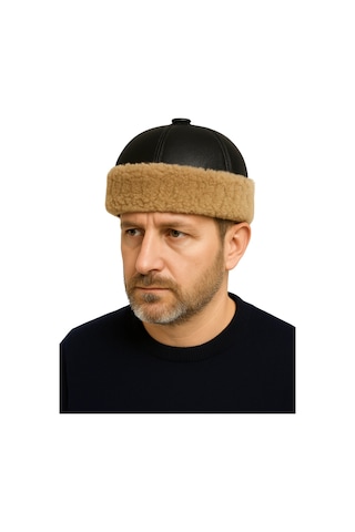 Okcubaba El Yapımı Hakiki Deri Kürklü Siyah Börk - Soğuk Geçirmez Geleneksel Başlık