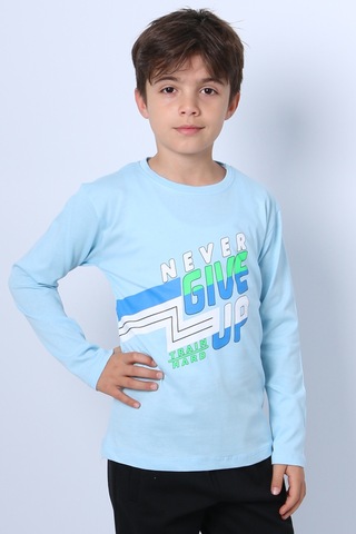 Hçm Erkek Çocuk Uzun Kollu Tshirt Never Give Up Baskılı Bisiklet Yaka D10 Turkuaz