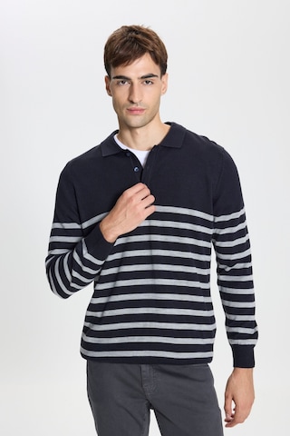 AC&Co / Altınyıldız Classics Erkek Lacı Grı Standart Fit Normal Kesim Polo Yaka Çizgili Triko Kazak Lacivert - Gri