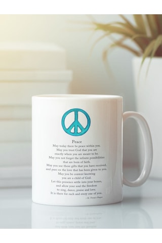 Beyaz Porselen Kupa Peace Barış Bardak