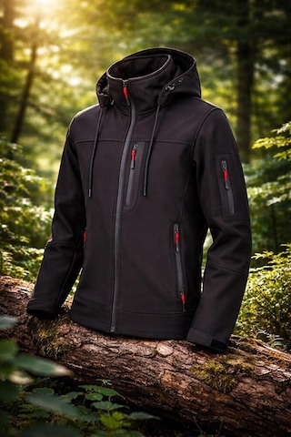 Vatan Tekstil Erkek Slim Fit Softshell Kapüşonlu Erkek Mont Su İtici Rüzgar Geçirmez Siyah