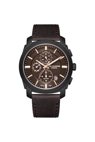 Lee Cooper Kahverengi Deri Kayış Kahverengi Kadran 42 Mm Yuvarlak Erkek Kol Saati, Bileklik Hediyeli Siyah