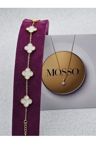 Gold Beyaz Sedefli Renk Çelik Bileklik Yoncalı Model Beyaz