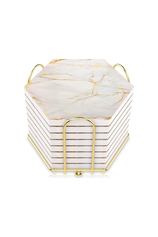 Geeroyoo 8 Parça Mermer Desenli Seramik Bardak Altlığı Seti Süper Emici, Sıcak Ve Soğuk İçecekler İçin Mantar Tabanlı Şık Tel Stand Dahil Beyaz/altın