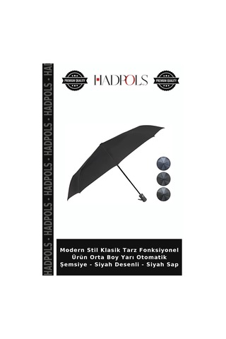 Hadpols Modern Stil Klasik Tarz Fonksiyonel Ürün Orta Boy Yarı Otomatik Şemsiye - Siyah Desenli - Siyah Sap