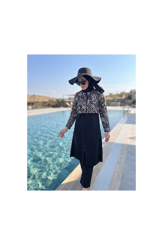 Maşuka Paraşüt Kumaş Dijital Baskı Desenli Uzun Şık Kadın Tam Tesettür Mayo 3'lü Set Pantolon,üst,bone Siyah - Desenli Siyah - Desenli