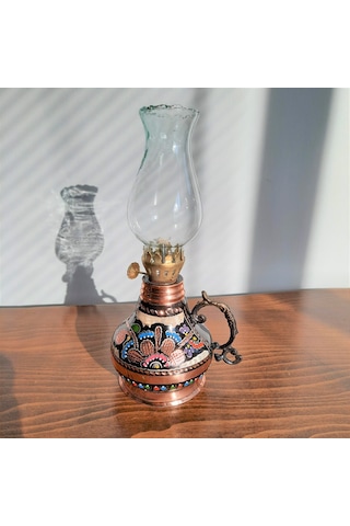 Gül Çiçek Orta İşlemeli Bakır Gaz Lambası Bakır