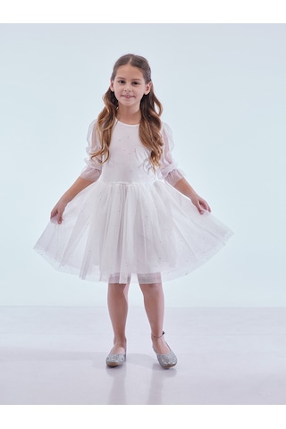 Ahengim Kız Çocuk Yıldız Baskılı Trend Tül Elbise Ak2246 Beyaz