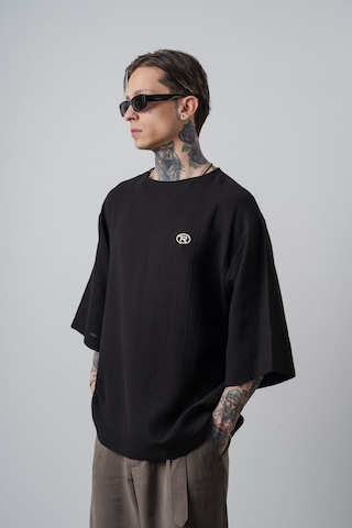 Respire Erkek R Nakışlı Fakir Kol Müslin Oversize T-shirt Siyah