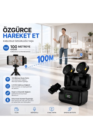 Coofbe Dijital Şarj Göstergeli 2'li 2.4 Ghz Kablosuz Yaka Mikrofonu, Apple Uyumlu iPhone Android Uyumlu, 20 Hz 20 Khz