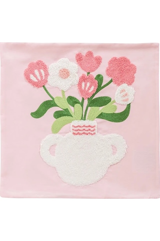 Pembe Çiçek Nakışlı Kırlent Kılıfı 45x45 Cm