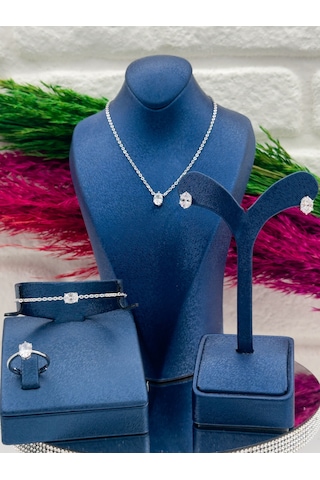 925 Ayar Gümüş Zirkon Taşlı Oval Model 4 Lü Popüler Kadın Takı Seti Gümüş