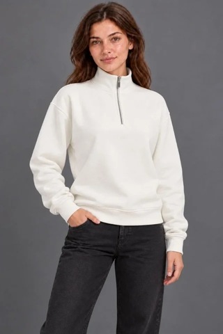 N11 Üç İplik İçi Şardonlu Dik Yaka Yarım Fermuarlı Kışlık Sweatshirt - Beyaz