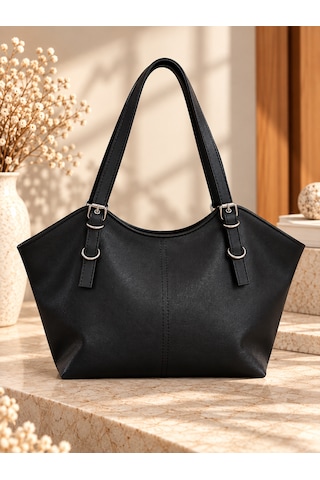 Elpida Bags Kadın Kemerli Suni Deri & Geniş Hacimli Omuz Çantası Siyah