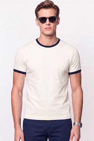 Efor Slim Fit Bisiklet Yaka Ekru - Lacivert Tişört Ts 932 Ekru-lacivert
