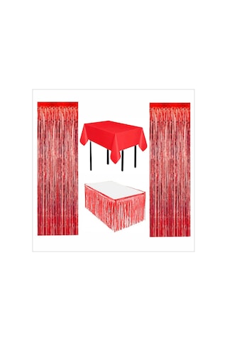 Kırmızı Masa Örtüsü, Kırmızı Masa Eteği, 2 Adet Kırmızı Arka Fon