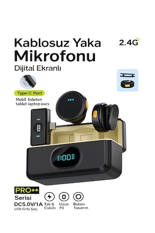 Type-c Girişli 300mah Dijital Ekranlı 2.4g Kablosuz Çift Yaka Mikrofonu Pro++