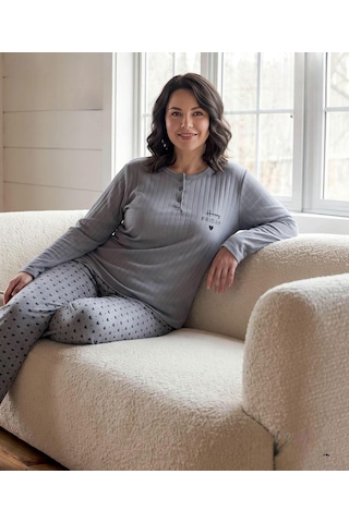 Lana Kadın Battal Pamuk Likralı Raporlu İnterlok Kışlık Pijama Takımı 245/25 - 1 Adet Gri