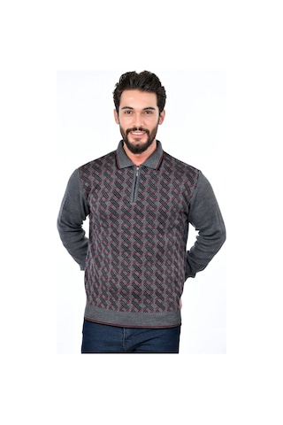 Kamalı Erkek Çelik Örgü Gömlek Yaka Fermuarlı Polo Yakalı Çizgili Desen Tüylenmeyen Triko Kışlık Baba Kazak Gri