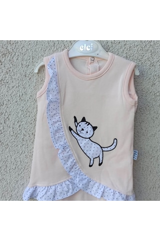 3-9 Ay Kız Bebek Badi Kedili Fırfırlı Bandanalı Somon Çok Renkli