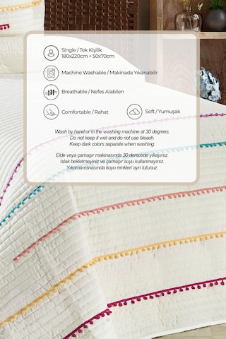 Evlen Home Nova Renkli Ponponlu %100 Pamuk Tek Kişilik Yatak Örtüsü Elyaf Dolgulu Pike Takımı Krem