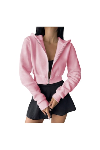 Pembe Kadın Crop Fermuarlı Kapüşonlu Sweatshirt Pembe