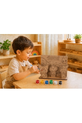 Sevimli Karakterler Temalı Ahşap Boyama Seti 3d Geçmeli Mdf Dekor, 6 Renk Boya Ve Fırça Dahil