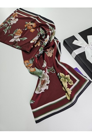Miorel Scarfs Yeni Sezon Çiçek Desen Vual İpek Şal Fular Silk Scarfs Shawl Hijab Bordo