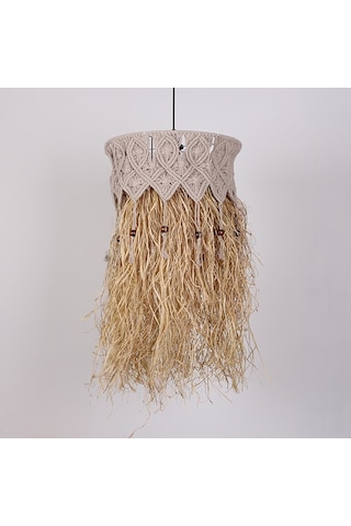 Bohem Etnik Doğal Hasır Doğal Rafya Bambu & Rattan Handmade Dekoratif Sarkıt Saçaklı Avize 40x75cm-9002824388266 Bej