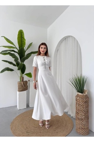 Defymoda Wera Taşlı Fiyonk Detaylı Elbise Beyaz