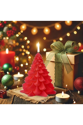 Büyük Kırmızı Dekoratif Yılbaşı Çam Ağacı Mum Kirmızı