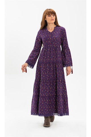Uzun Kol Seçil Pazen Uzun Elbise Çıtır Desen Mor Mor