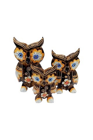 Ahşap Aborjin Üçlü Baykuş Dekoratif Biblo No.1 17 Cm