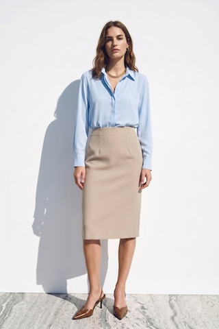 Sateen Düz Kalem Etek - Koyu Bej-137399