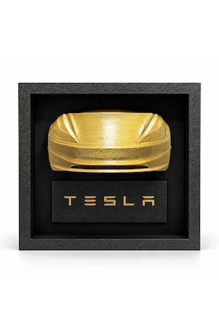 Tesla Temalı 3d Baskı Araba Figürlü Dekoratif Çerçeve Masaüstü Dekor Tsl-3d-blk-gld-01