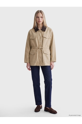Lcw Vision Ekru Kadife Yaka Oversize Kadın Jean Ceket