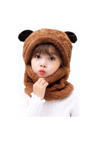 Bundera Panda Çocuk Kapşonlu Peluş Bere Atkı Welsoft Boyunluk