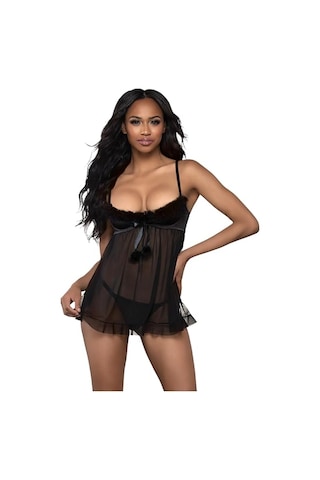 New Dreams Modern Şık Rahat Tüllü Siyah Tasarım Jartiyer Gecelik Set Siyah