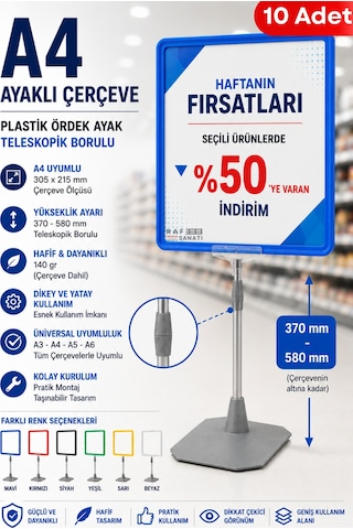 10 Adet - A4 Ayaklı Fiyat Etiketlik Teleskopik Borulu Çerçeve Etiketlik Yönlendirme Levhası Menü Panosu Mavi