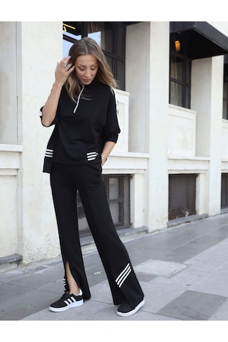 Soonaksesuar Kadın Polo Yaka Paça Yırtmaçlı Ribanalı İkili Takım Siyah