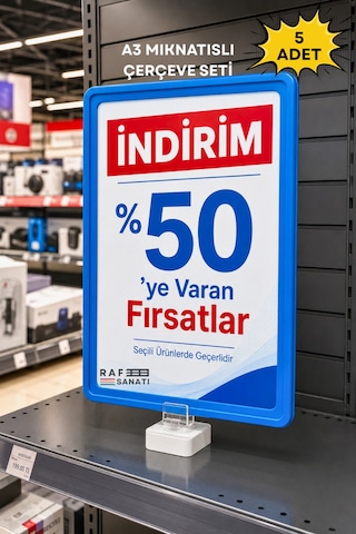 5 Adet - A3 Mavi Güçlü Mıknatıslı Fiyatlık Etiketlik Dikey Yatay Afiş Fiyat Etiketi Çerçevesi Mavi 1
