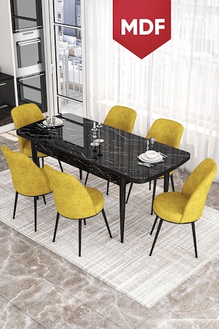 Canisa Concept Kor Serisi 70x114 MDF Açılabilir Mutfak Masası Takımı Siyah Mermer Desen Masa 6 Hardal Sandalye Masa Siyah Mermer Desen Sandalyeler Hardal