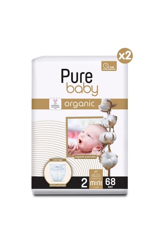 Pure Baby Organik Pamuklu Cırtlı Bez 2'li Paket 2 Numara Mini 136 Adet 2'li