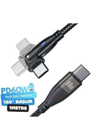 1 Metre 60 Watt Type-c Erkek 180 Döner Uç Hızlı Şarj & Data Kablosu