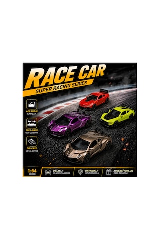 4'lü Die Cast Metal Spor Araba Seti Set 1 1:64 Ölçek - Açılır Kapı & Bagaj - Kutulu Koleksiyon Karışık Renk Ve Model