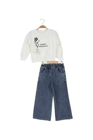 Erdem Kıds Kız Çocuk Bayramlık Günlük - Casual Geniş-bol Paça Palazzo Kot Pantolon-sweatshirt İkili Takım Beyaz Beyaz