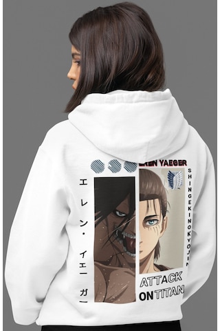 Sevbano Attack On Titan Eren Yeager Anime Sırt Baskılı Unisex Oversize Pe beyaz