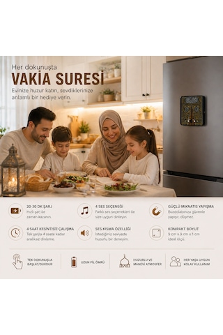 Vakıa Suresi Okuyan Buzdolabı Magneti Sesli İslami Dekor Şarjlı, 4 Saat Çalışma, Güçlü Mıknatıs Siyah