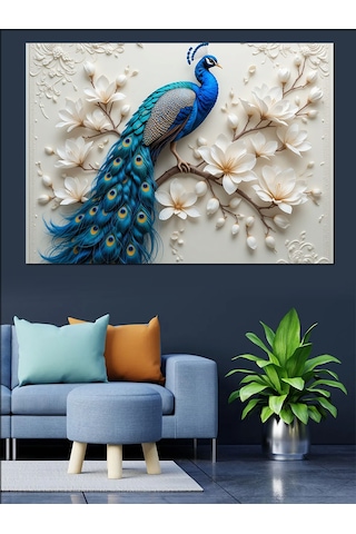 Beyaz Tavus Kuşu Kabartması Dekoratif Kanvas - Mdf Ahşap Tablo